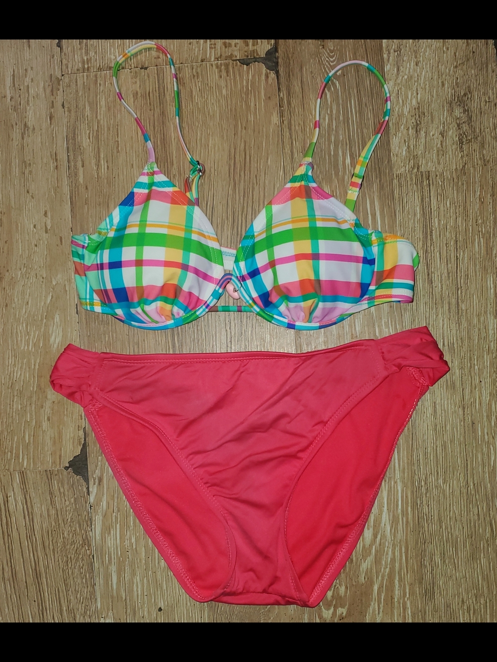 Colorful Plaid Bikini Top with Coral Pink Bottom